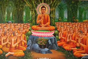 Southeast Asia Prints: Painting depicting Buddha teaching to monks. Udong. Cambodia. (Udong, Cambodge)