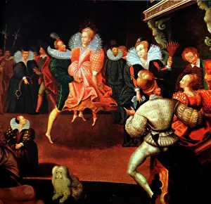 Monarch Prints: Painting depicting Queen Elizabeth I of England (1533-1603) dancing with the Earl of Leicester by an anonymous artist