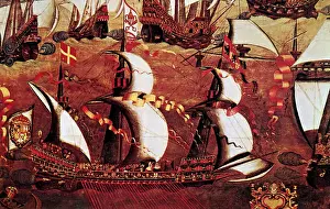 Ships Prints: Painting depicting the Spanish fleet of ships during the Armada. Dated 16th Century