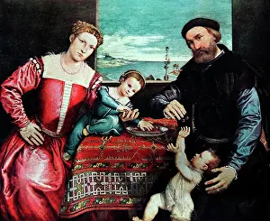 Family Prints: Painting of a noble family sat around a table with a view of the sea visible through the window