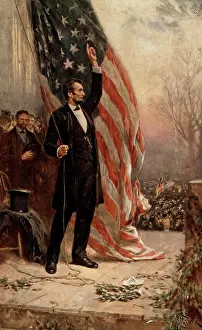 Flag Prints: Painting of President Abraham Lincoln (1809-1865) standing in front of the American flag