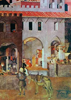 Painted Prints: Painting titled The active town by Ambrogio Lorenzetti (1290-1348) Italian painter of the Sienese school