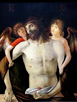 Angel Prints: Painting titled The Dead Christ supported by Angels by Giovanni Bellini (1430-1516) an Italian Renaissance painter