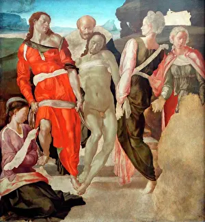 Italian Renaissance Prints: Painting titled The Entombment by Michelangelo (1475-1564) an Italian sculptor