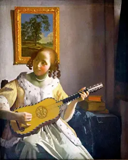 Painting titled The Guitar Player by Johannes Vermeer (1632-1675) Dutch painter. Dated 17th Century
