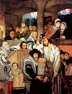 Painted Prints: Painting titled Jews Praying in the Synagogue on Yom Kippur