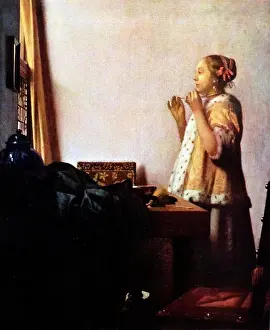 Jewellery Prints: Painting titled The Pearl Necklace by Johannes Vermeer (1632-1675)
