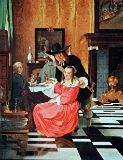 17th Prints: Painting titled Refusing the Glass by Hendrick van der Burgh (1627-1664) a Dutch Golden Age genre painter