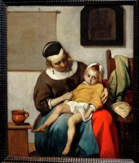 17th Century Prints: Painting titled The Sick Child Painted by Gabriël Metsu (1629-1667) Dutch painter of history paintings