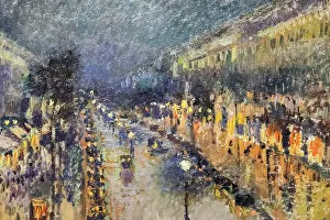 Artists Prints: Painting titled 'The Boulevard Montmartre at Night' by Camille Pissarro dated 1877