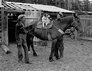 Full Length Prints: Pair of cowboys with dog on horseback