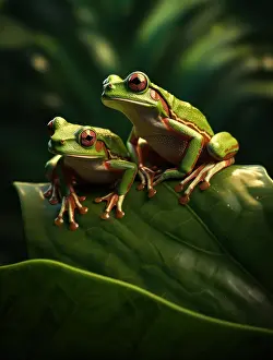 Ecuador Prints: A Pair of Frogs Resting Atop a Verdant Foliage. Generative AI