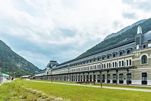 Holidays Prints: Panoramic view of the old Canfranc train station in the Aragonese Pyrenees. Spain