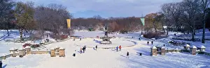 Panoramic View Prints: Panoramic view of water fountain covered with fresh winter snow in Central Park