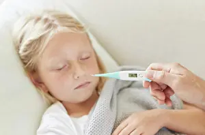 Advice Prints: Parents, child and thermometer for symptoms