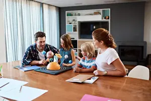 Students Prints: Parents, children and science project for school in home