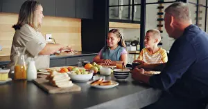 Lunch Prints: Parents, kids and serving breakfast in kitchen with healthy nutrition