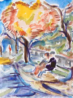 Richard Prints: On a Park Bench, 2015, Richard H. Fox (b.1960/American), Watercolor on Paper