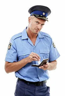 Notebook Prints: Parking fine, ticket and portrait of police writing on notepad for traffic laws