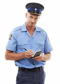 Notebook Prints: Parking fine, writing ticket and portrait of police on white background with notepad for traffic laws