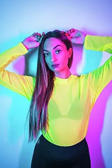 Luminous Prints: Party lifestyle in a nightclub with pink blue neon lights