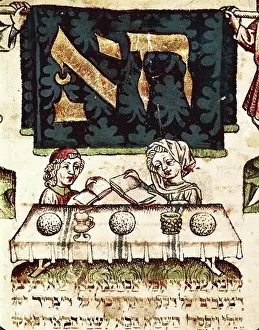 Manuscript Prints: Passover ceremony (Ha-Lahma). Miniature Painting