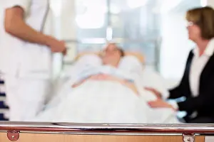Doctors Prints: Patient with doctor and mother in hospital with focus on rod
