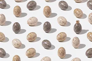 Composition Prints: Pattern with decorated easter eggs on light gray background. Min