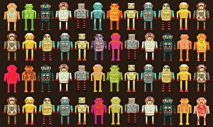 Assorted Prints: Pattern of variety of robots in a row