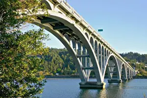 Landmarks Prints: Patterson Memorial Bridge highway 101 over Rogue River on coast at Gold Beach Oregon