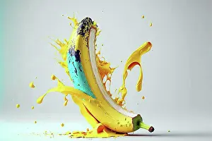 Beverage Prints: Peeled banana with colored splashes. Ai generated art