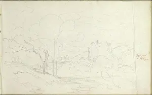 Upper Body Prints: Pencil sketch by Friedrich Gauermann from 1826-1848 showing a large landscape composition with hills