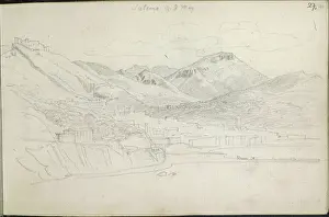 Sketchbook Prints: A pencil sketch by Heinrich Reinhold showing Salerno surrounded by large mountains with a fort on one mountain