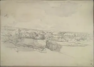 Spatial Prints: Pencil sketch by Johann Nepomuk Passini showing houses along a river landscape