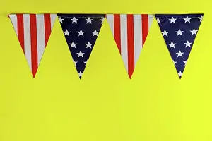 Garland Prints: Pennants of stars and stripes flags yellow background american holiday US independence day