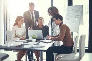 Paperwork Prints: People, accountant and meeting on laptop in office of finance growth