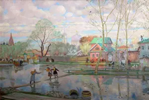 Balancing Prints: People balancing on footbridge by Boris Michaylovich Kustodiev