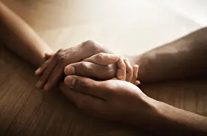 Kindness Prints: People, desk and holding hands in therapy for support