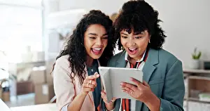 Logistics Prints: People, excited and tablet for ecommerce in small business