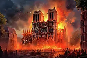 Lighted Prints: Many people looking at the burning Notre Dame Cathedral at night, Paris, AI Generated