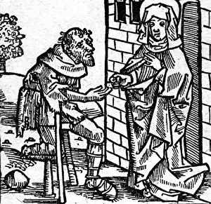 Middle Ages Prints: people poverty misery beggar getting alms woodcut to 'Passionael efte dat levent der hyllighen' Luebeck