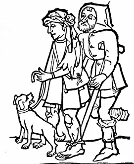 Crutch Prints: people poverty misery Middle Ages two beggars woodcut from the first edition of apocalypse with wood engraving circa
