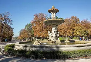 Historic Centre Prints: People walking by monument fountain in El Retiro park, Madrid, Spain, Europe