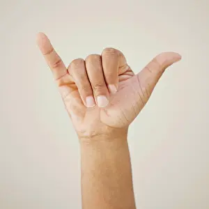 Call Prints: Person, hand gesture and sign language in studio background