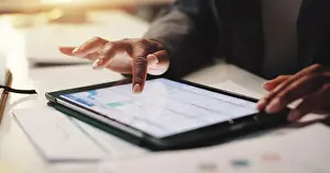 Analysis Prints: Person, hands and tablet screen in office for business