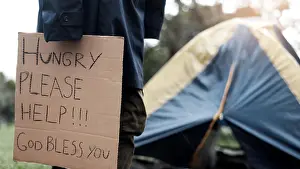 Tent Prints: Person, homeless and hungry with cardboard for begging by tent