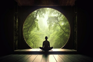 Mind Prints: Person meditating looking out circular window. Generative AI