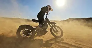 Cycling Prints: Person, motorbike and driving on sand for sports with power speed of training