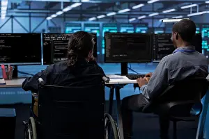 Disability Prints: Person with paraplegia and colleague working in inclusive server hub workspace