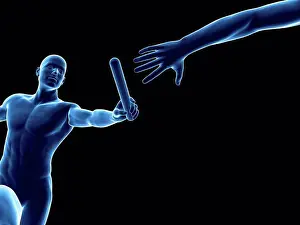 Athletics Prints: Person passing a relay baton, computer artwork
